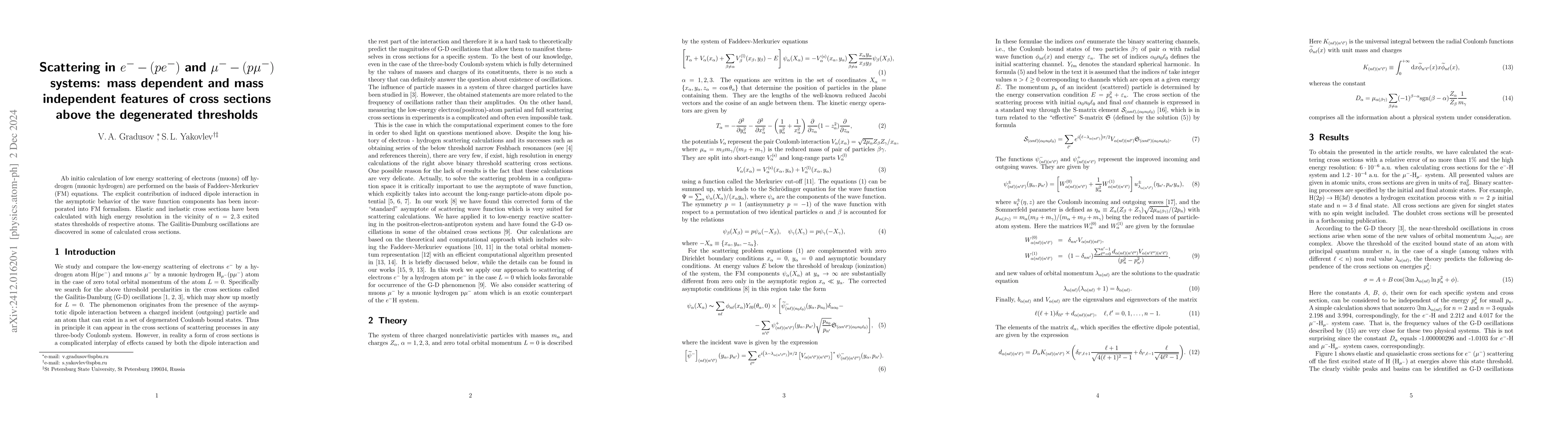 Thumbnail for Scattering in $e^- -(pe^-)$ and $μ^- -(pμ^-)$ systems: mass
  dependent and mass independent features of cross sections above the
  degenerated thresholds