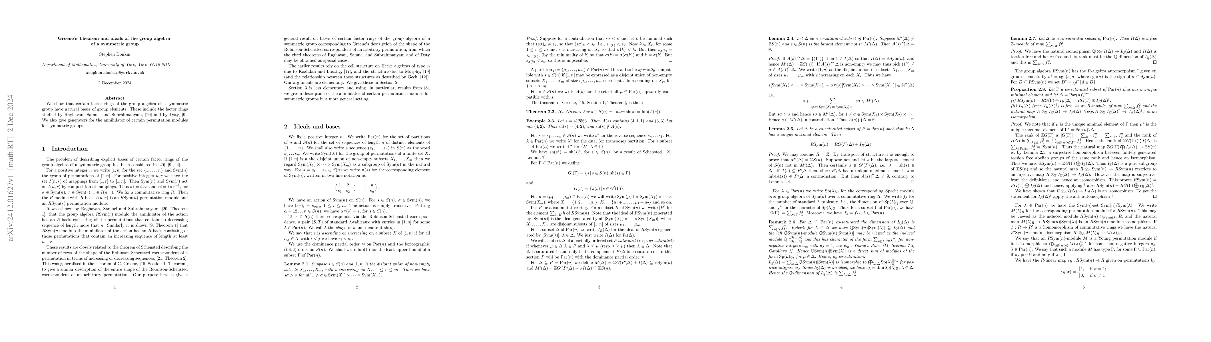 Thumbnail for Greene's Theorem and ideals of the group algebra of a symmetric group