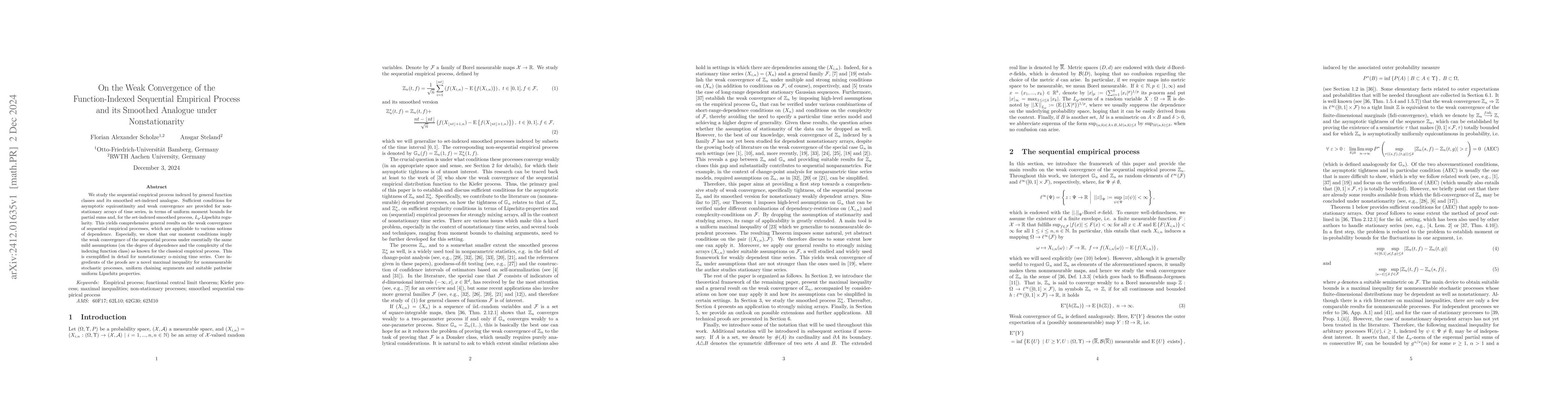 Thumbnail for On the Weak Convergence of the Function-Indexed Sequential Empirical
  Process and its Smoothed Analogue under Nonstationarity