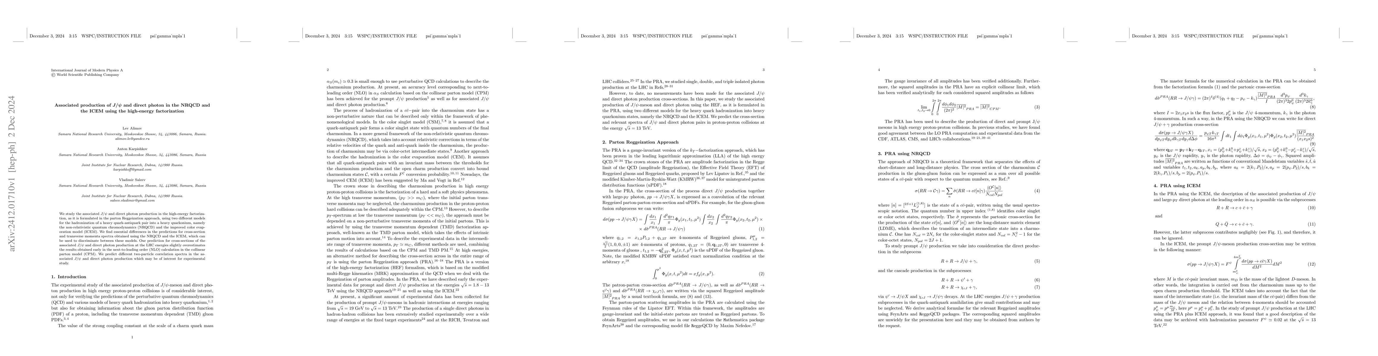 Thumbnail for Associated production of $J/ψ$ and direct photon in the NRQCD and
  the ICEM using the high-energy factorization