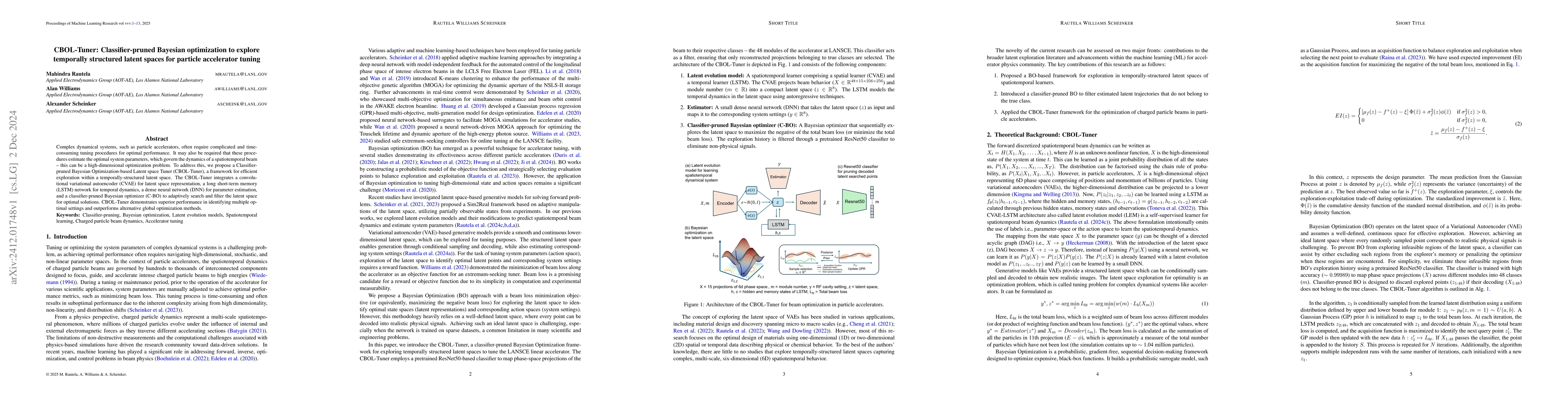 Thumbnail for CBOL-Tuner: Classifier-pruned Bayesian optimization to explore
  temporally structured latent spaces for particle accelerator tuning