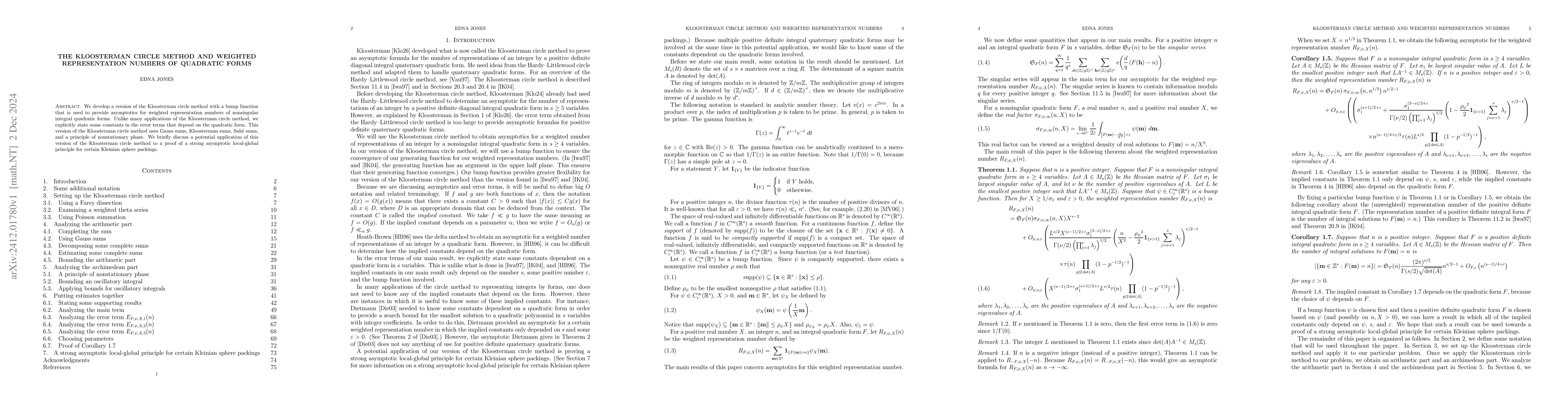 Thumbnail for The Kloosterman circle method and weighted representation numbers of
  quadratic forms