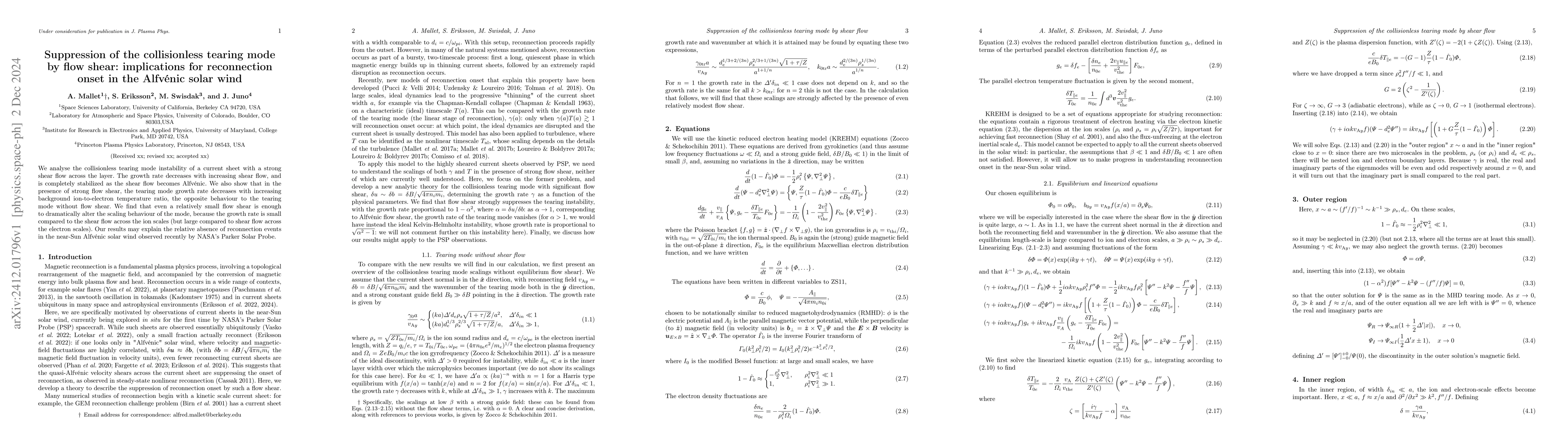 Thumbnail for Suppression of the collisionless tearing mode by flow shear:
  implications for reconnection onset in the Alfvénic solar wind