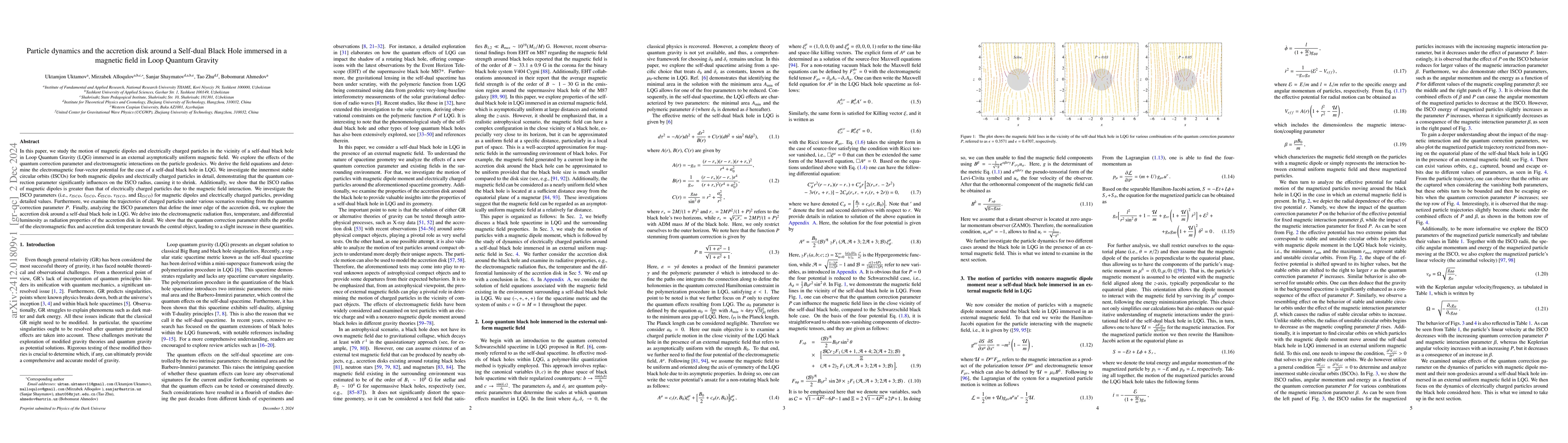 Thumbnail for Particle dynamics and the accretion disk around a Self-dual Black Hole
  immersed in a magnetic field in Loop Quantum Gravity