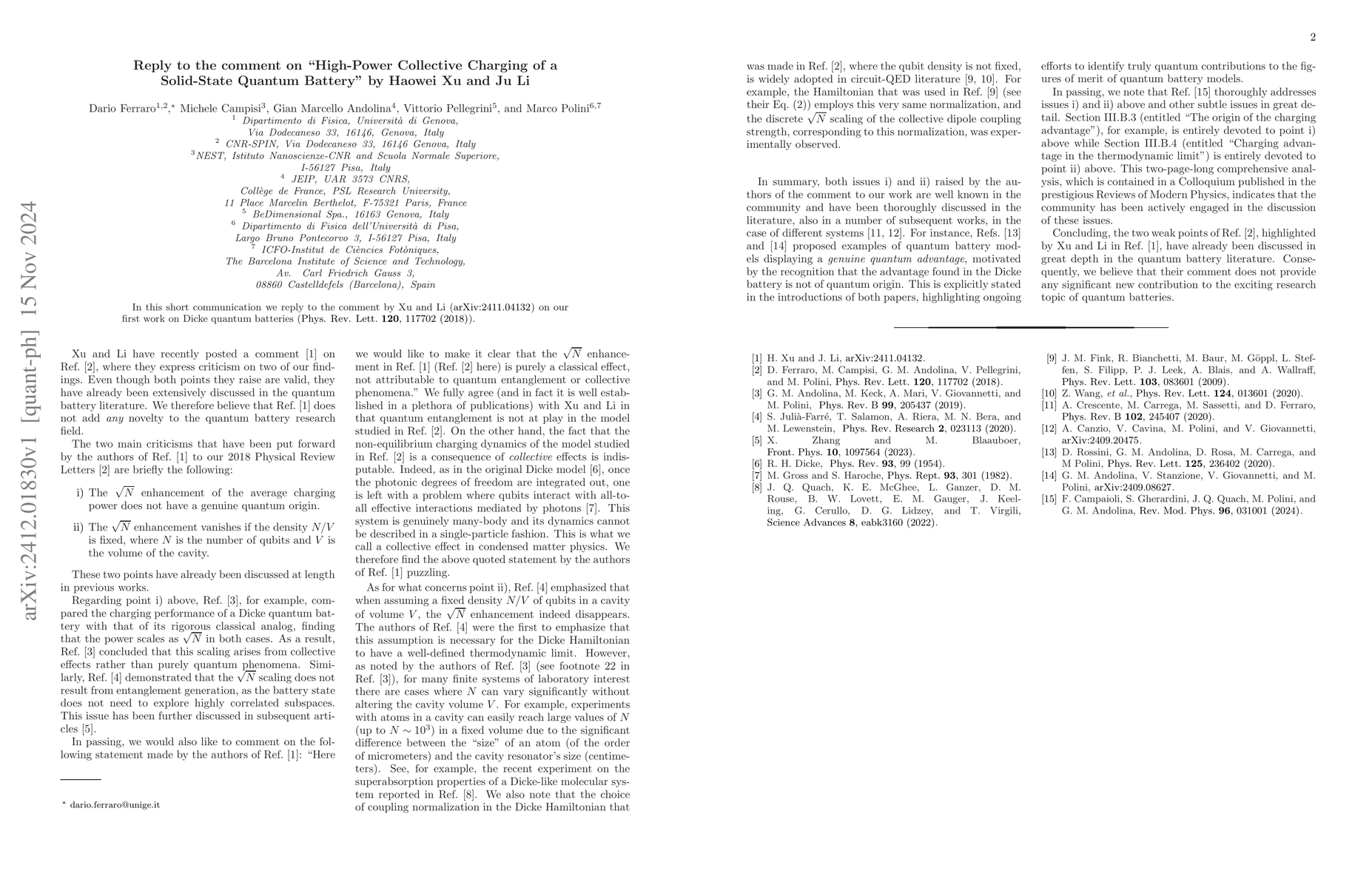 Thumbnail for Reply to the comment on "High-Power Collective Charging of a Solid-State
  Quantum Battery" by Haowei Xu and Ju Li