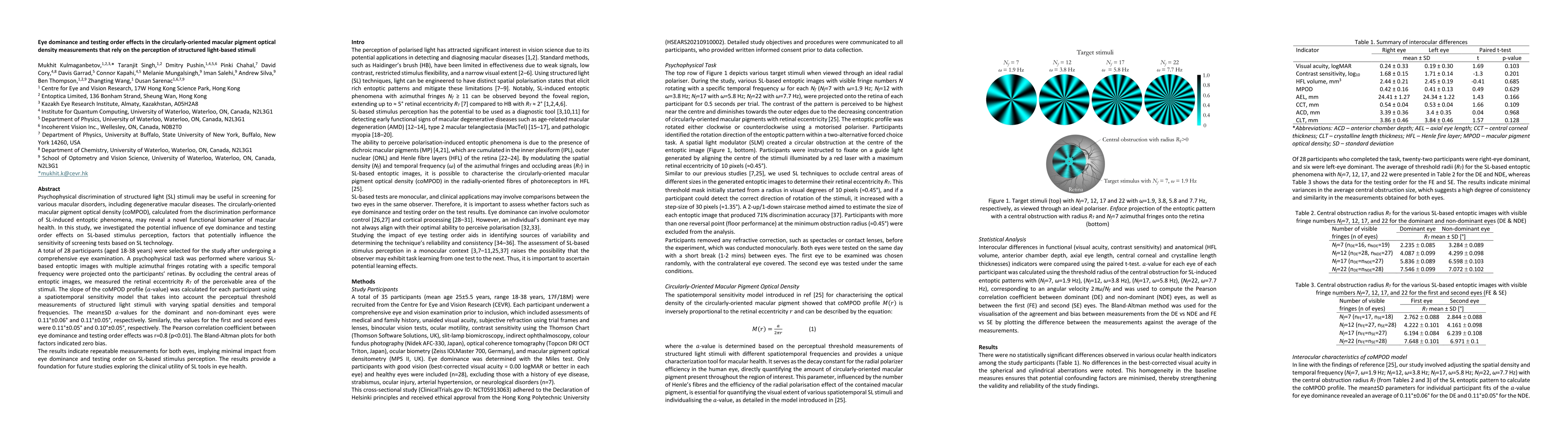 Thumbnail for Eye dominance and testing order effects in the circularly-oriented
  macular pigment optical density measurements that rely on the perception of
  structured light-based stimuli