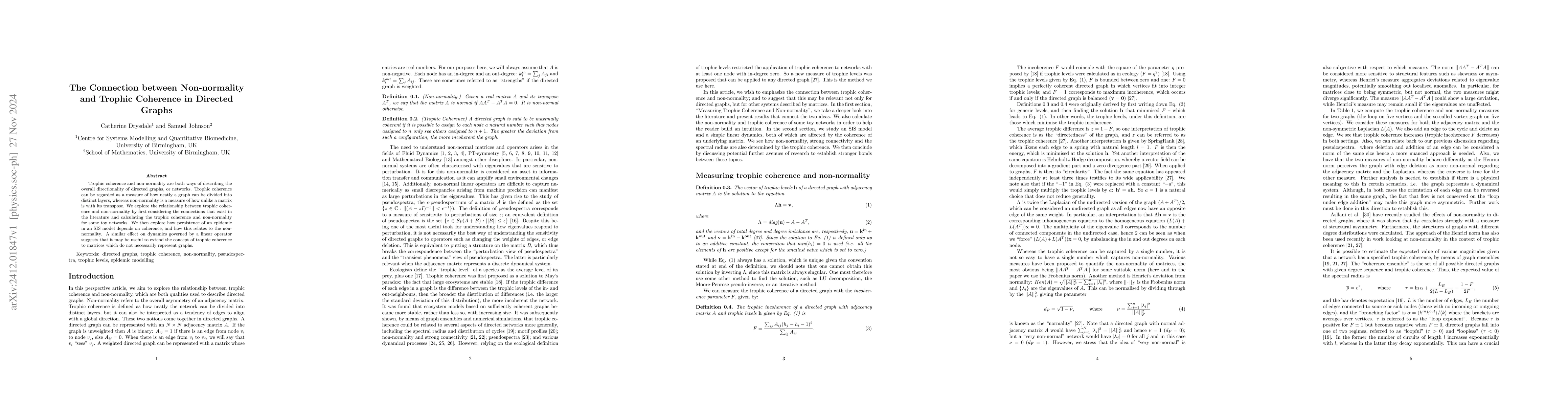 Thumbnail for The connection between non-normality and trophic coherence in directed
  graphs