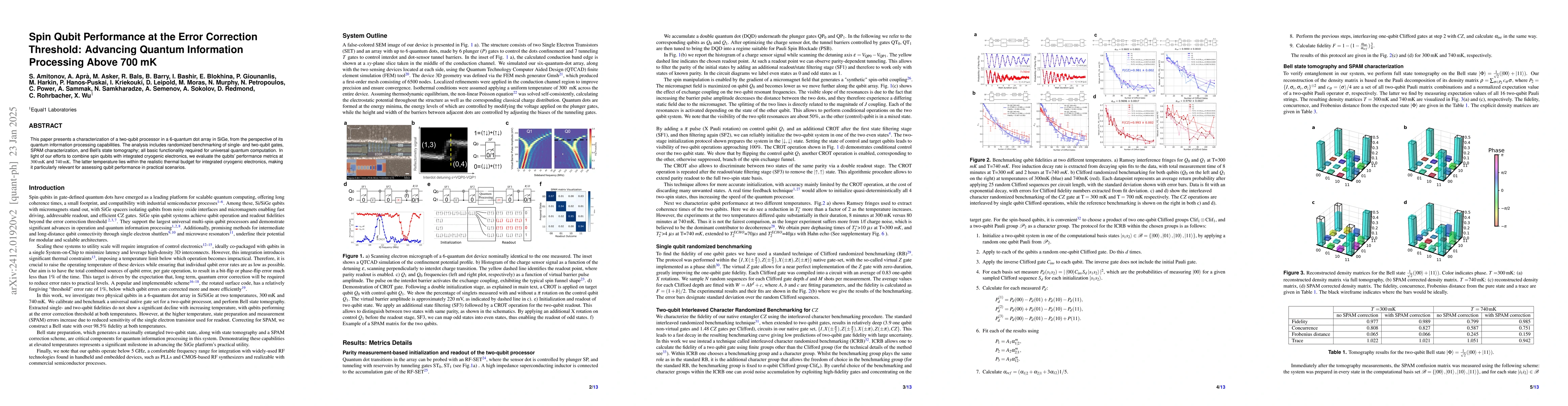 Thumbnail for Spin Qubit Performance at the Error Correction Threshold: Advancing
  Quantum Information Processing Above 700 mK