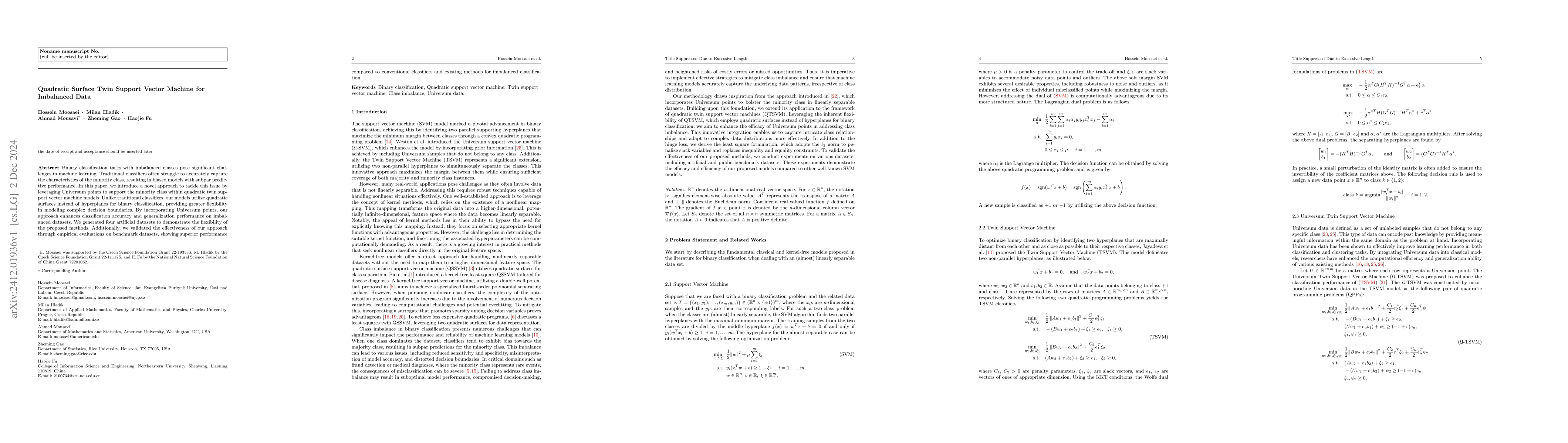 Thumbnail for Kernel-Free Universum Quadratic Surface Twin Support Vector Machines for
  Imbalanced Data