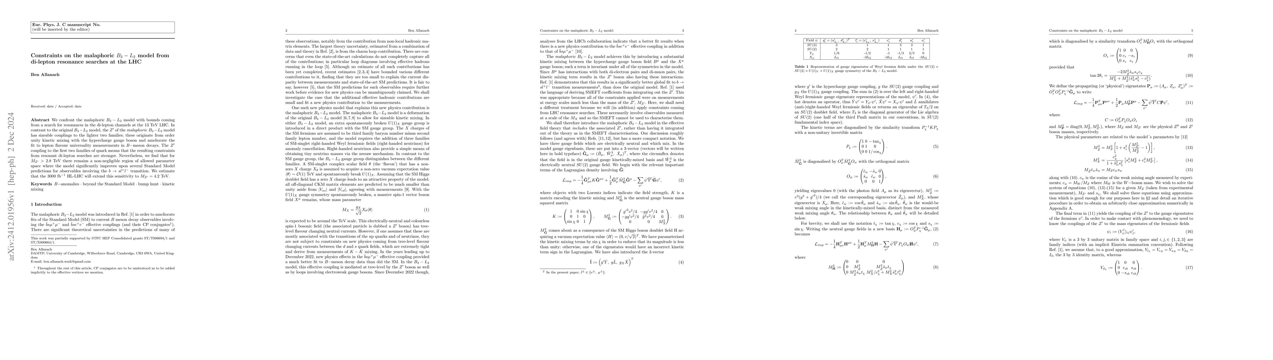 Thumbnail for Constraints on the malaphoric $B_3-L_2$ model from di-lepton resonance
  searches at the LHC
