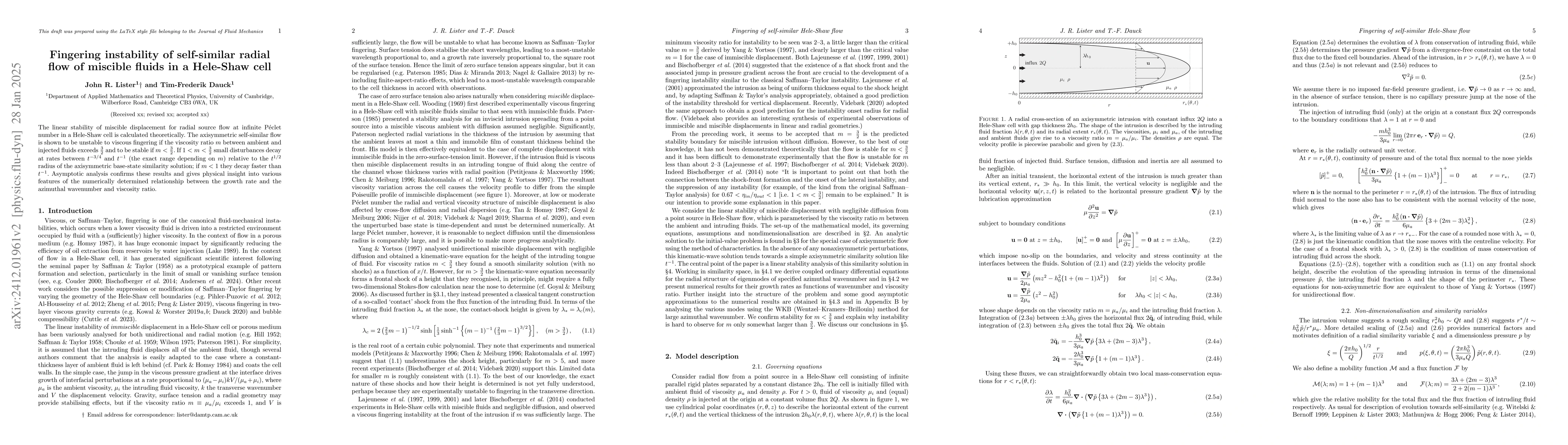 Thumbnail for Fingering instability of self-similar radial flow of miscible fluids in
  a Hele-Shaw cell