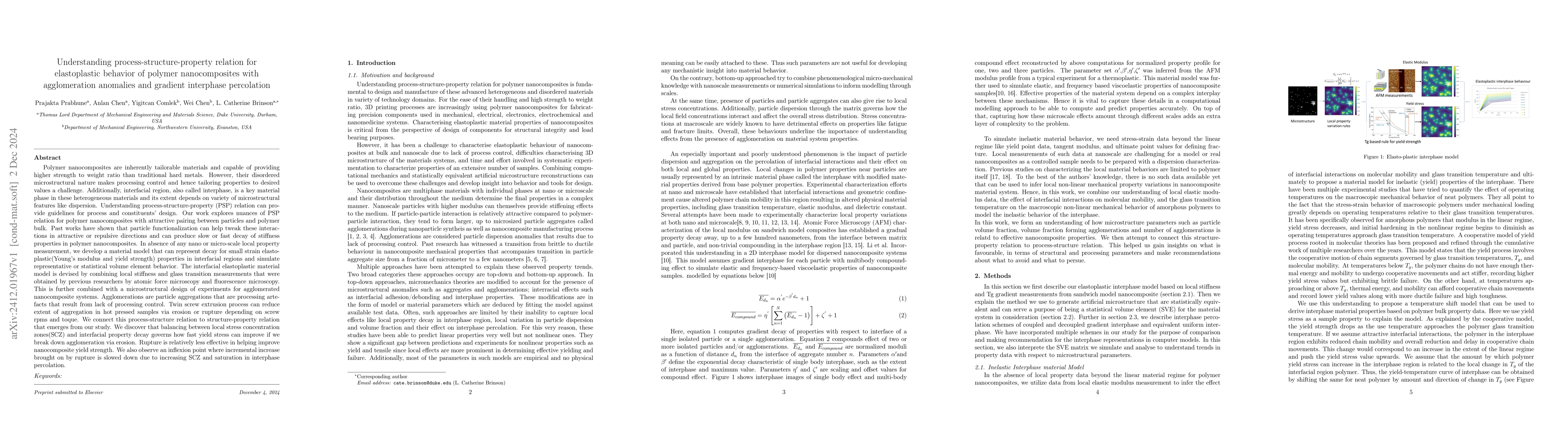 Thumbnail for Understanding process-structure-property relation for elastoplastic
  behavior of polymer nanocomposites with agglomeration anomalies and gradient
  interphase percolation