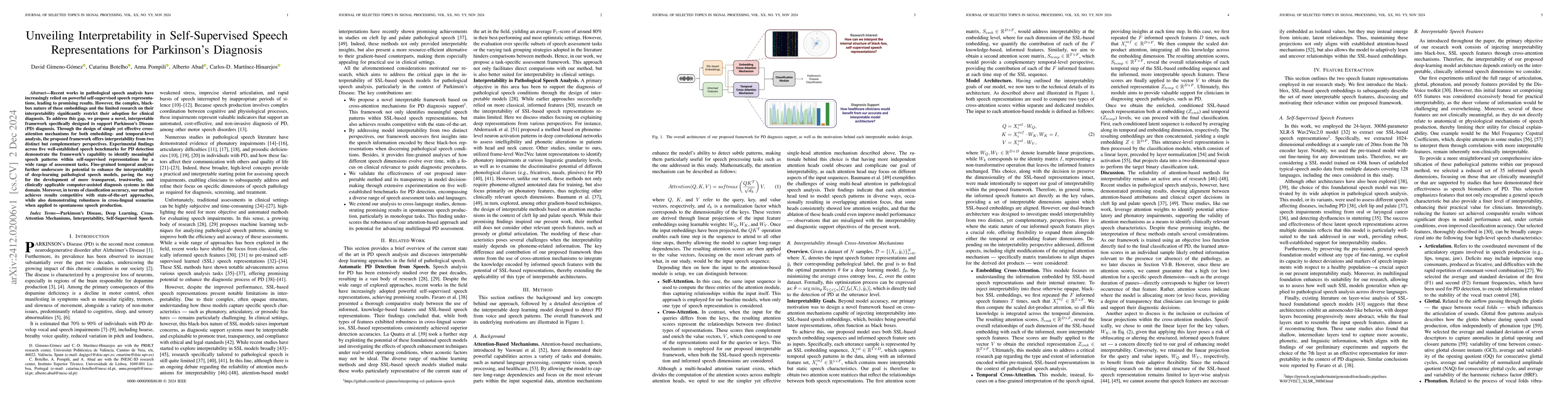 Thumbnail for Unveiling Interpretability in Self-Supervised Speech Representations for
  Parkinson's Diagnosis