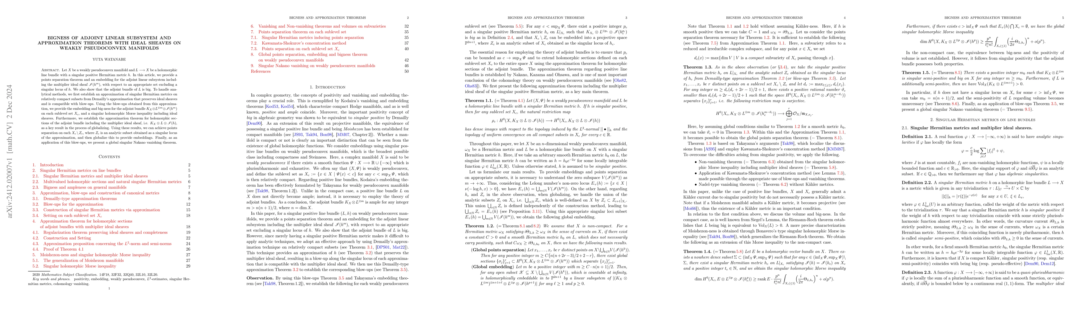 Thumbnail for Bigness of adjoint linear subsystem and approximation theorems with
  ideal sheaves on weakly pseudoconvex manifolds