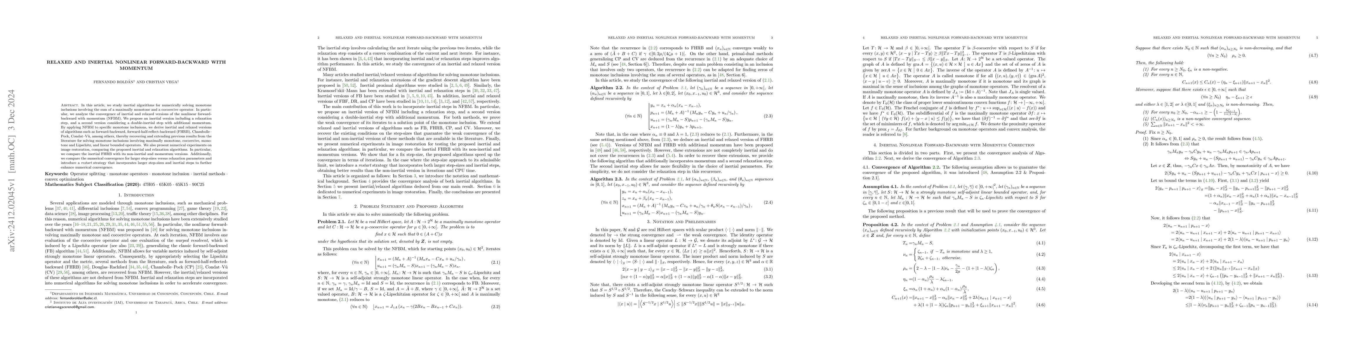 Thumbnail for Relaxed and Inertial Nonlinear Forward-Backward with Momentum