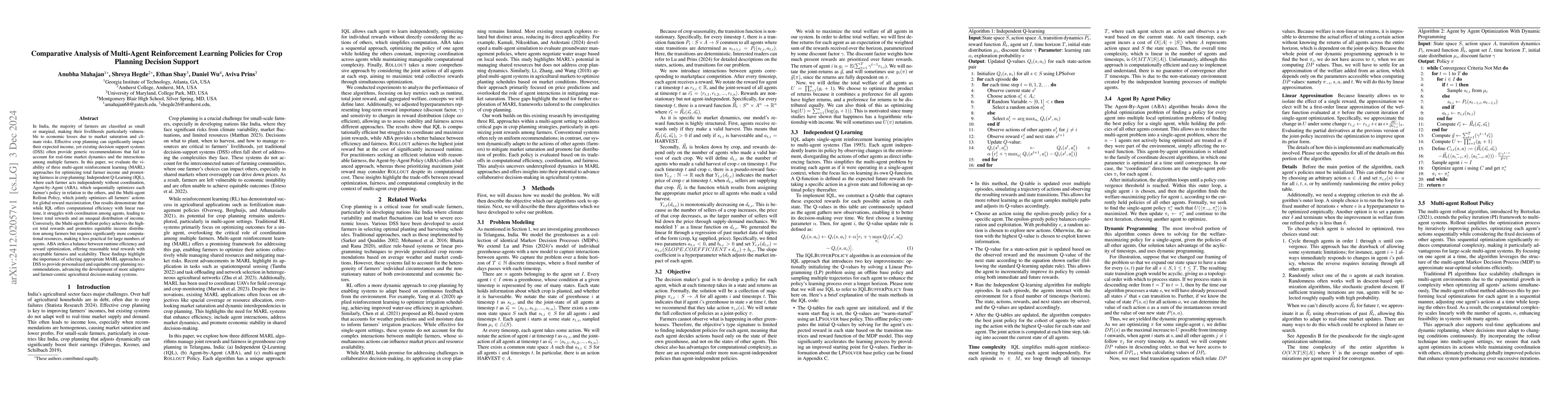 Thumbnail for Comparative Analysis of Multi-Agent Reinforcement Learning Policies for
  Crop Planning Decision Support