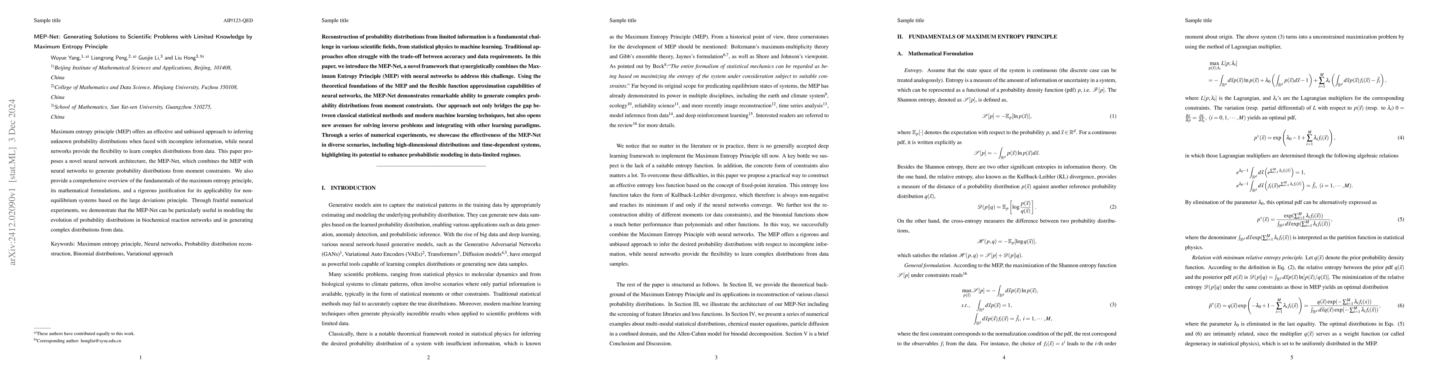 Thumbnail for MEP-Net: Generating Solutions to Scientific Problems with Limited
  Knowledge by Maximum Entropy Principle
