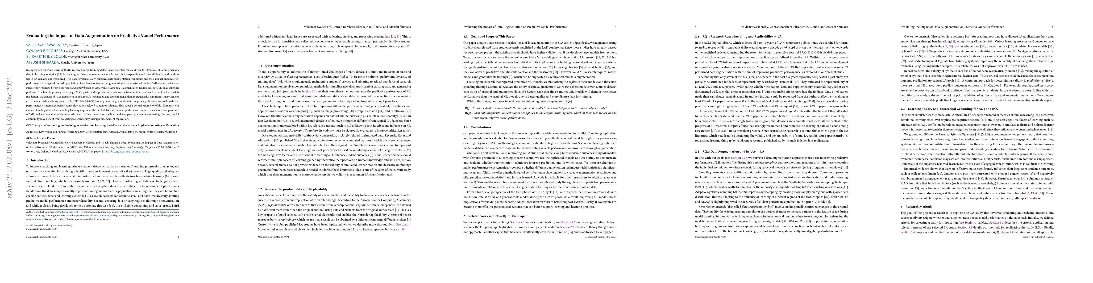 Thumbnail for Evaluating the Impact of Data Augmentation on Predictive Model
  Performance