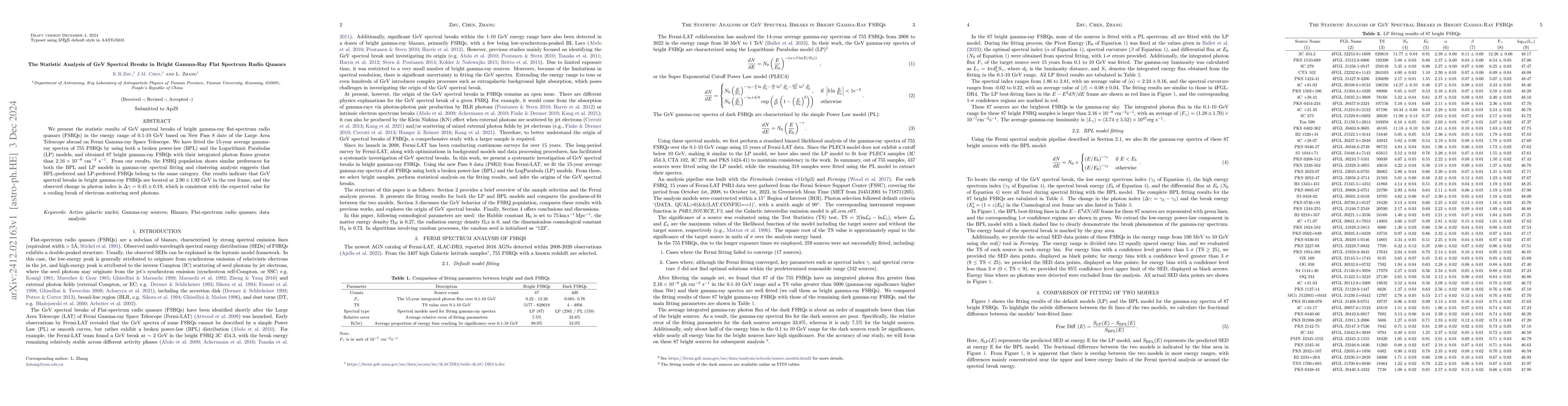 Thumbnail for The Statistic Analysis of GeV Spectral Breaks in Bright Gamma-Ray FSRQs