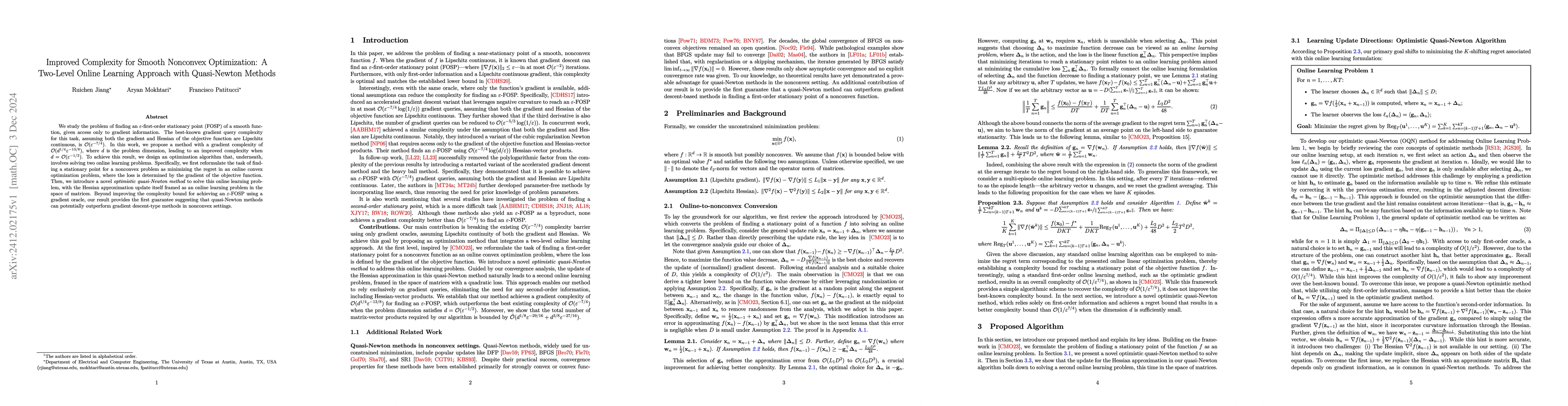 Thumbnail for Improved Complexity for Smooth Nonconvex Optimization: A Two-Level
  Online Learning Approach with Quasi-Newton Methods