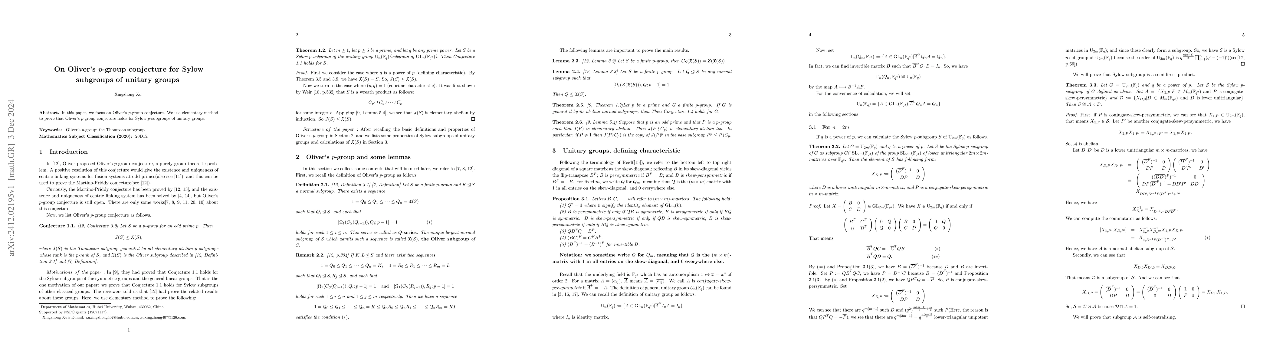 Thumbnail for On Oliver's $p$-group conjecture for Sylow subgroups of unitary groups