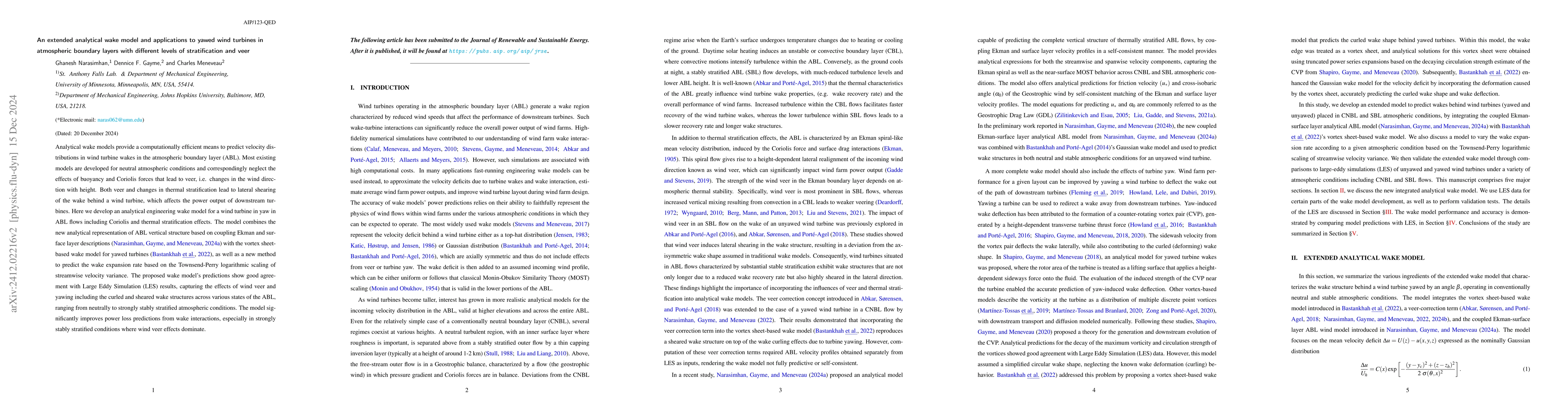 Thumbnail for An extended analytical wake model and applications to yawed wind
  turbines in atmospheric boundary layers with different levels of
  stratification and veer