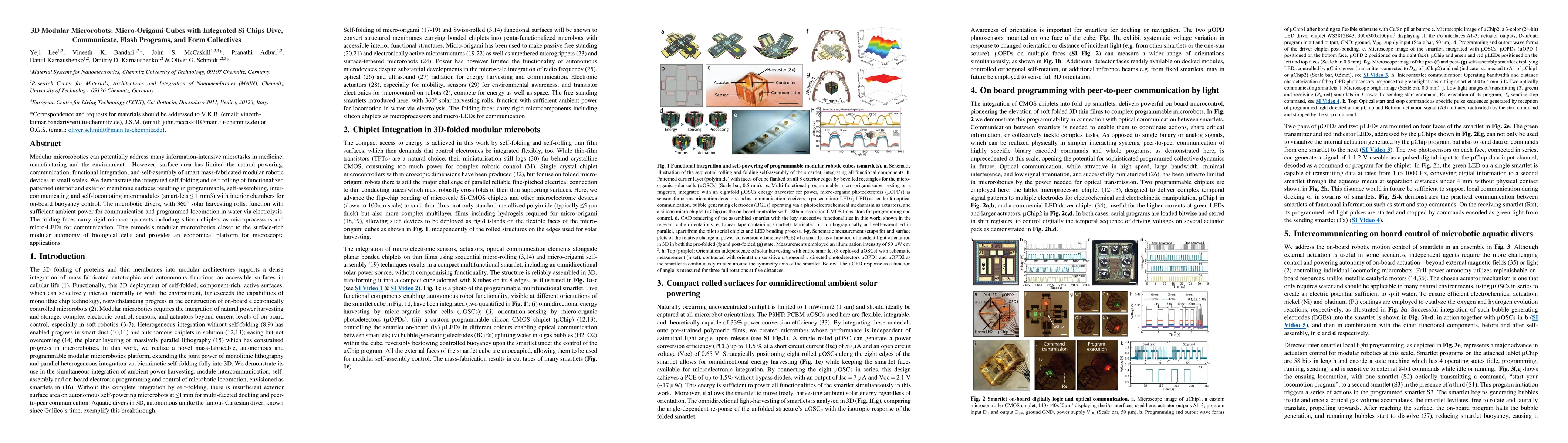 Thumbnail for 3D Modular Microrobots: Micro-Origami Cubes with Integrated Si Chips
  Dive, Communicate, Flash Programs, and Form Collectives