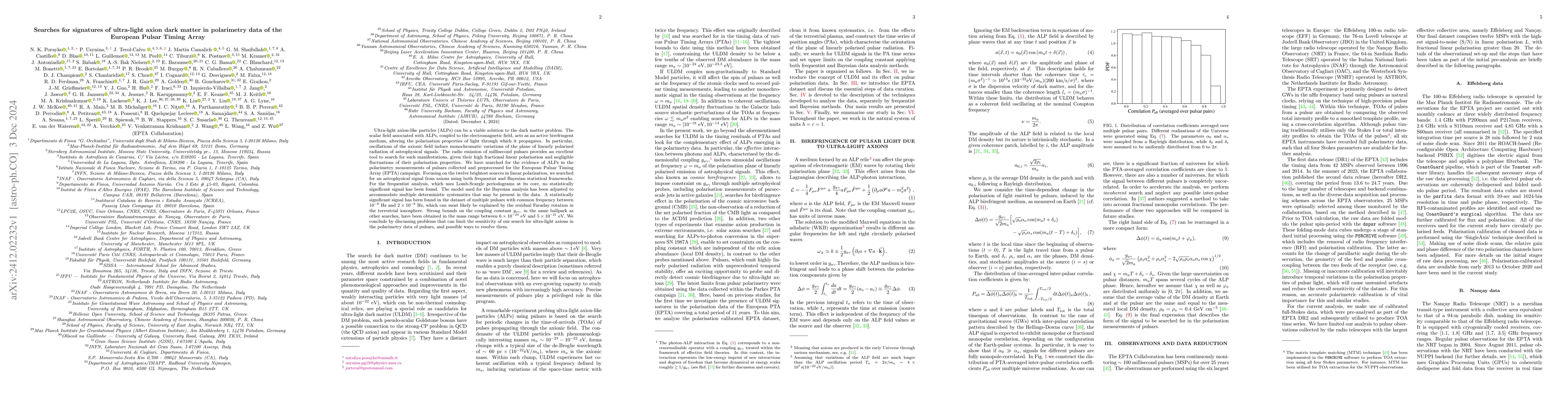 Thumbnail for Searches for signatures of ultra-light axion dark matter in polarimetry
  data of the European Pulsar Timing Array