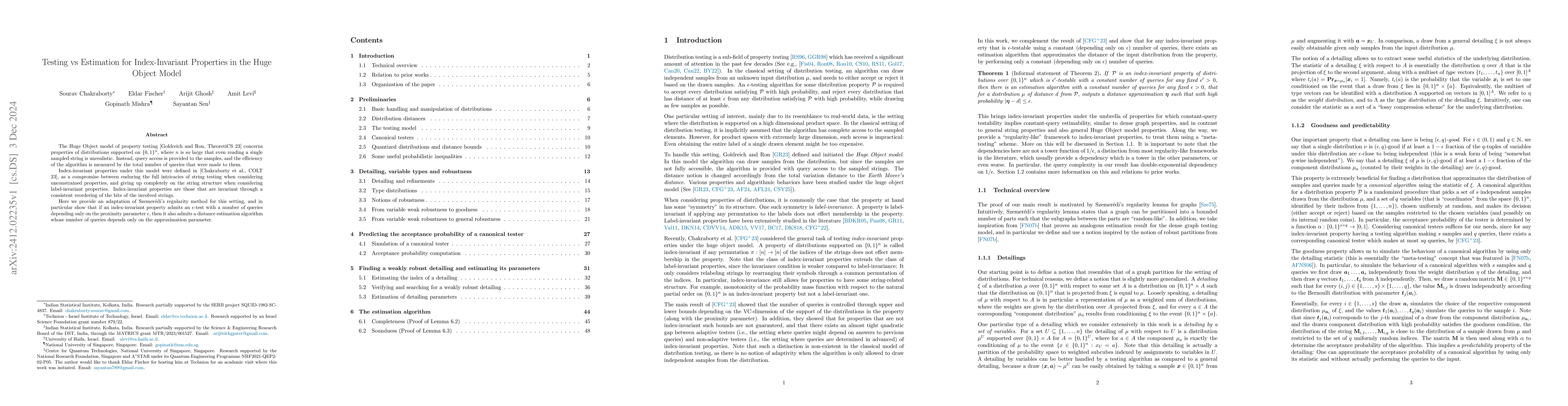 Thumbnail for Testing vs Estimation for Index-Invariant Properties in the Huge Object
  Model