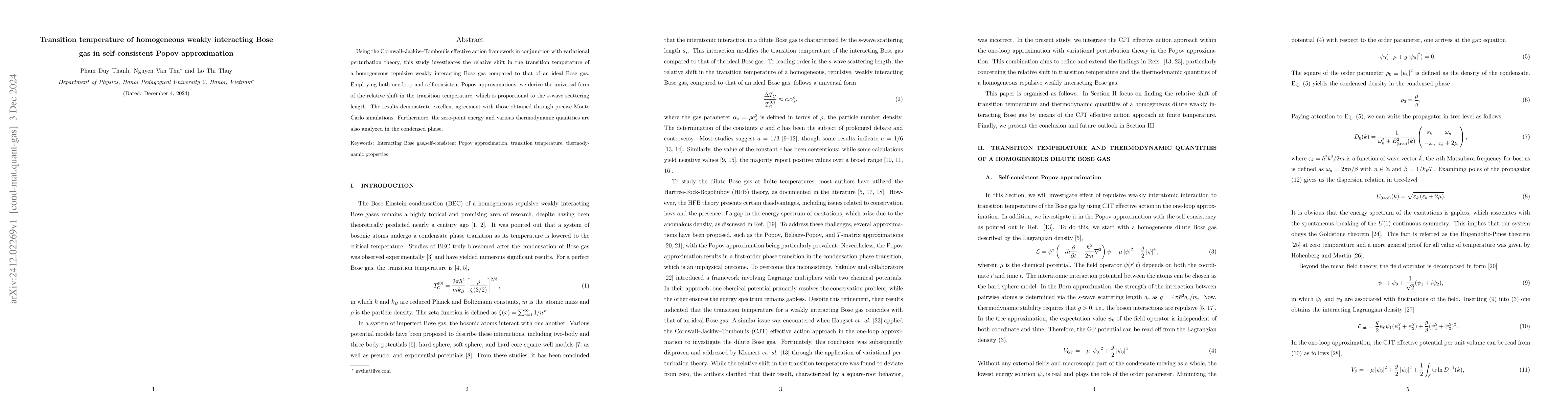 Thumbnail for Transition temperature of homogeneous weakly interacting Bose gas in
  self-consistent Popov approximation