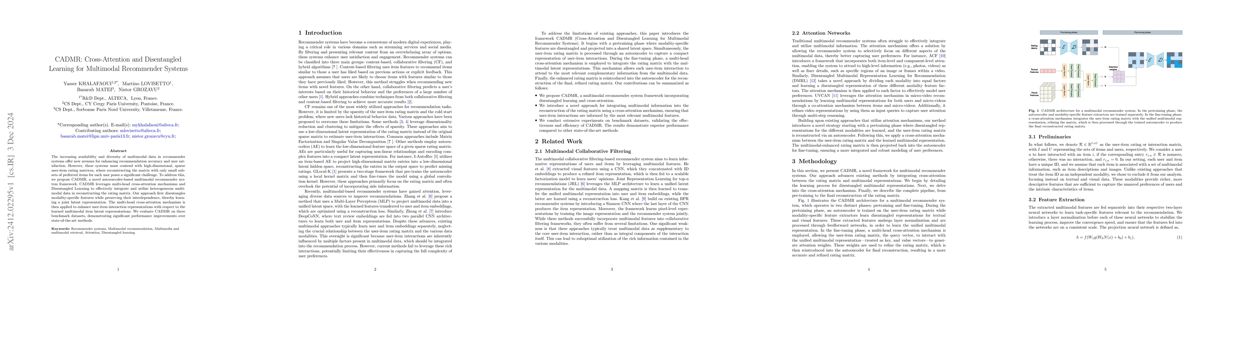 Thumbnail for CADMR: Cross-Attention and Disentangled Learning for Multimodal
  Recommender Systems