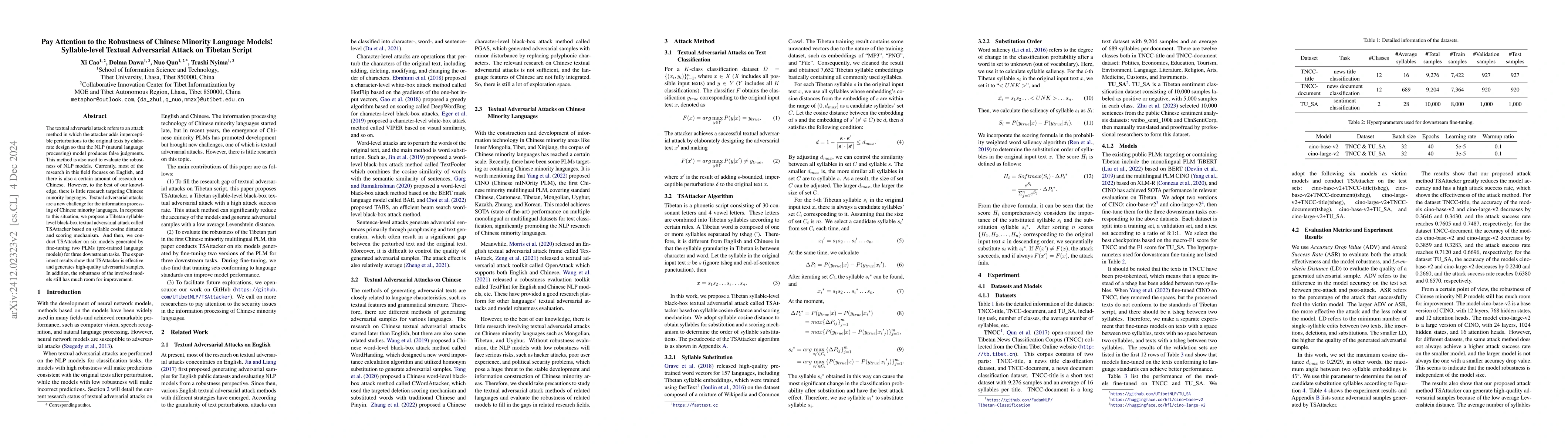 Thumbnail for Pay Attention to the Robustness of Chinese Minority Language Models!
  Syllable-level Textual Adversarial Attack on Tibetan Script