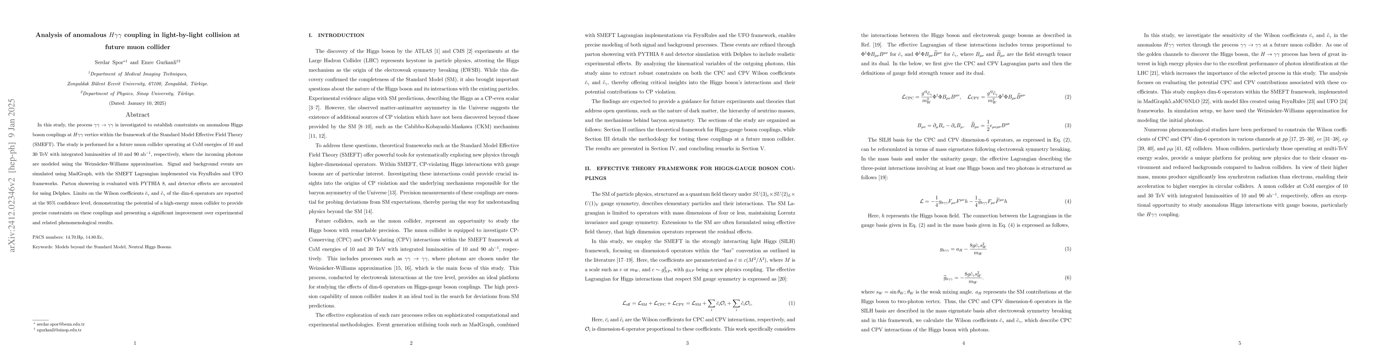 Thumbnail for Analysis of anomalous $Hγγ$ coupling in light-by-light
  collision at future muon collider