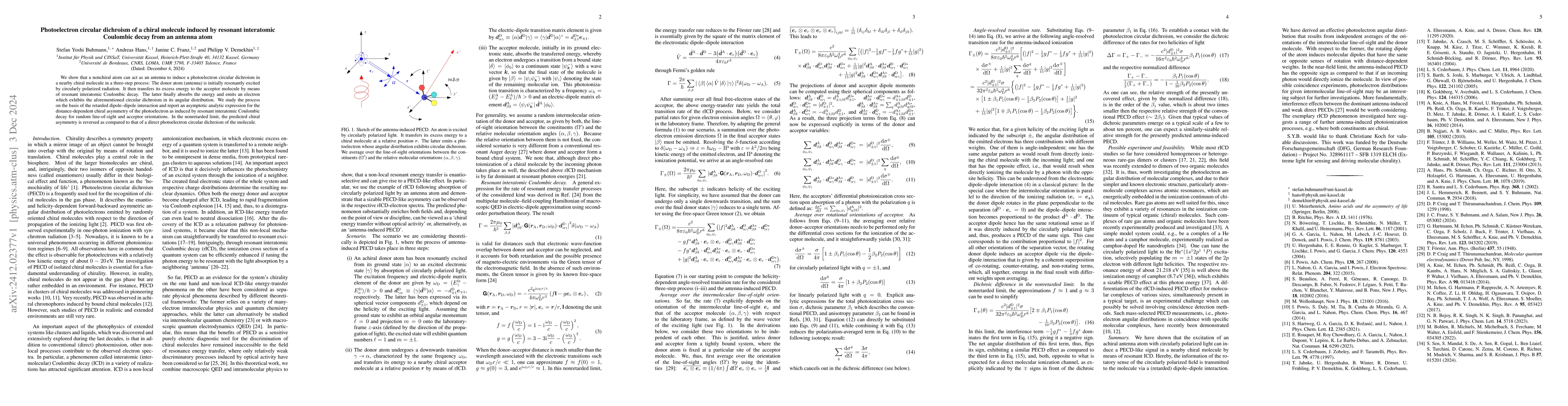 Thumbnail for Photoelectron circular dichroism of a chiral molecule induced by
  resonant interatomic Coulombic decay from an antenna atom