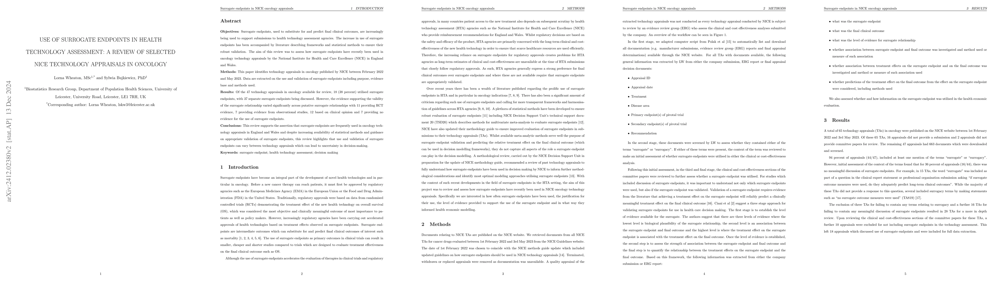 Thumbnail for Use of surrogate endpoints in health technology assessment: a review of
  selected NICE technology appraisals in oncology