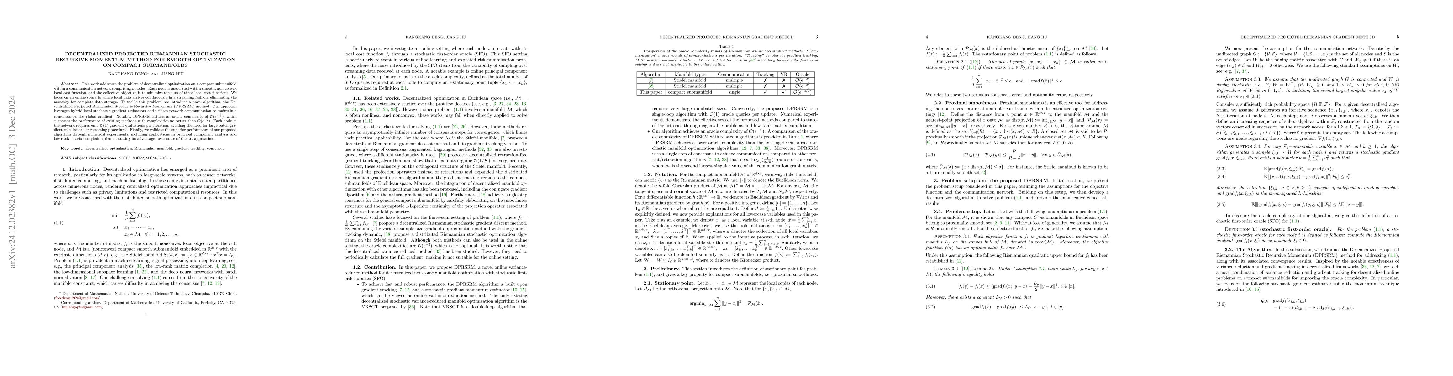 Thumbnail for Decentralized projected Riemannian stochastic recursive momentum method
  for smooth optimization on compact submanifolds