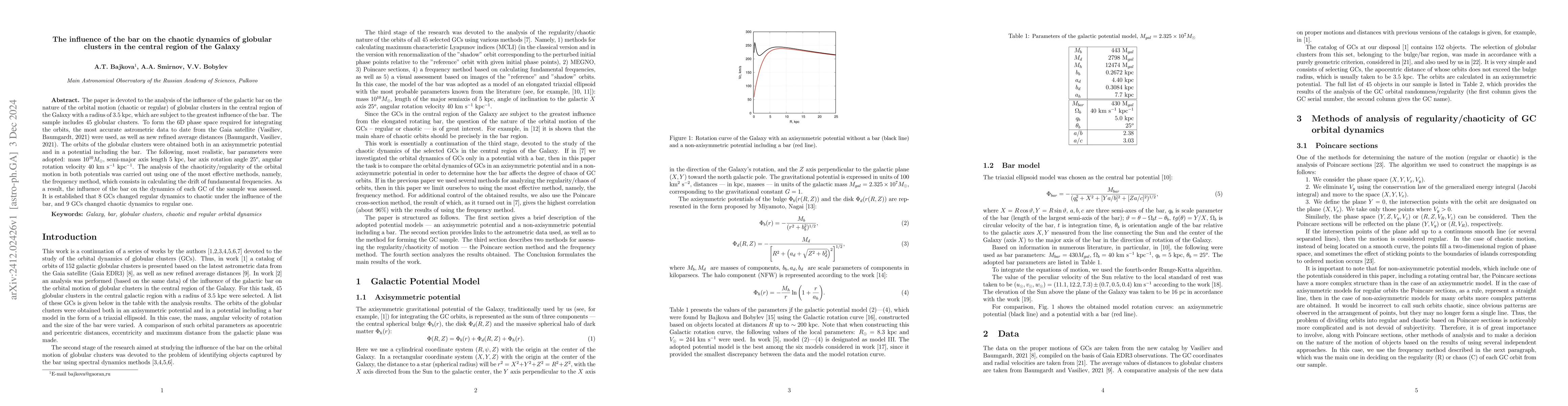 Thumbnail for The influence of the bar on the chaotic dynamics of globular clusters in
  the central region of the Galaxy