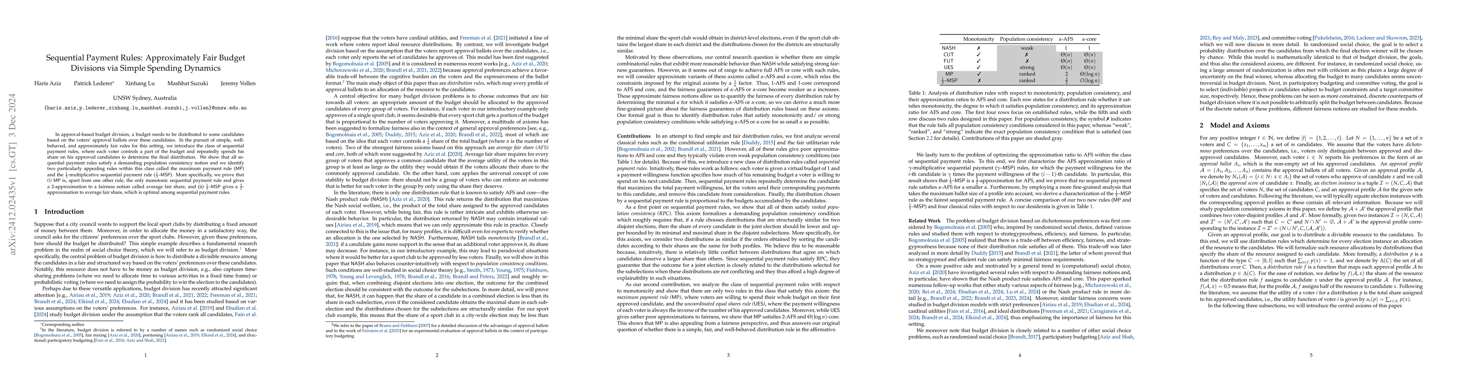 Thumbnail for Sequential Payment Rules: Approximately Fair Budget Divisions via Simple
  Spending Dynamics