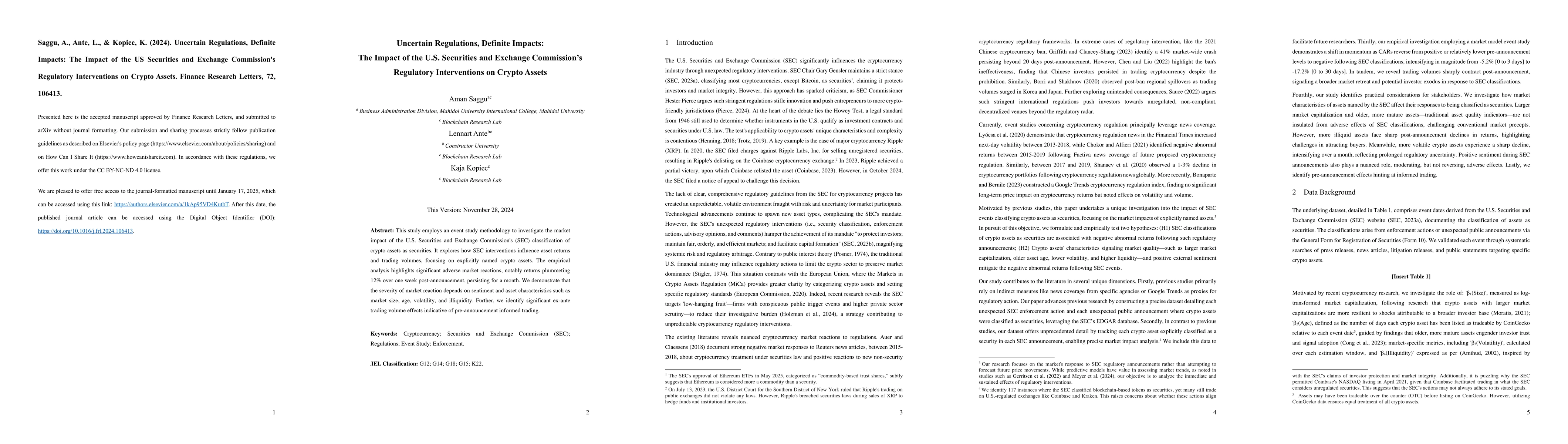 Thumbnail for Uncertain Regulations, Definite Impacts: The Impact of the US Securities
  and Exchange Commission's Regulatory Interventions on Crypto Assets
