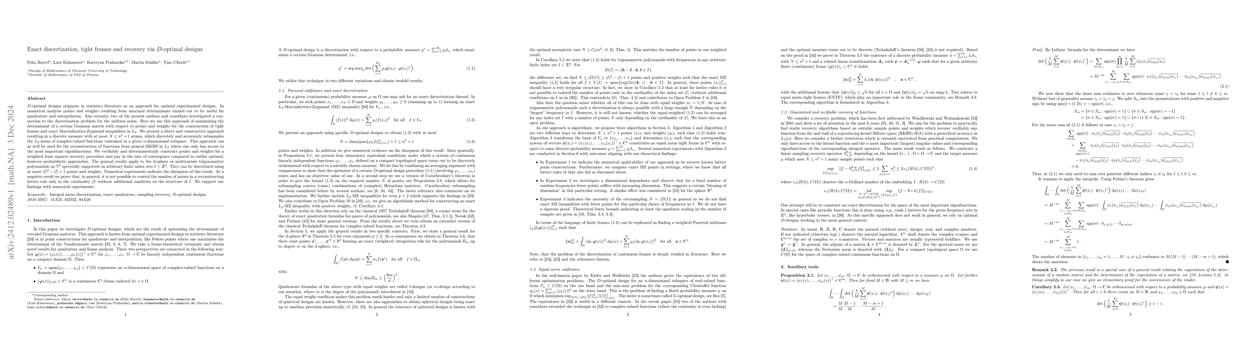 Thumbnail for Exact discretization, tight frames and recovery via D-optimal designs