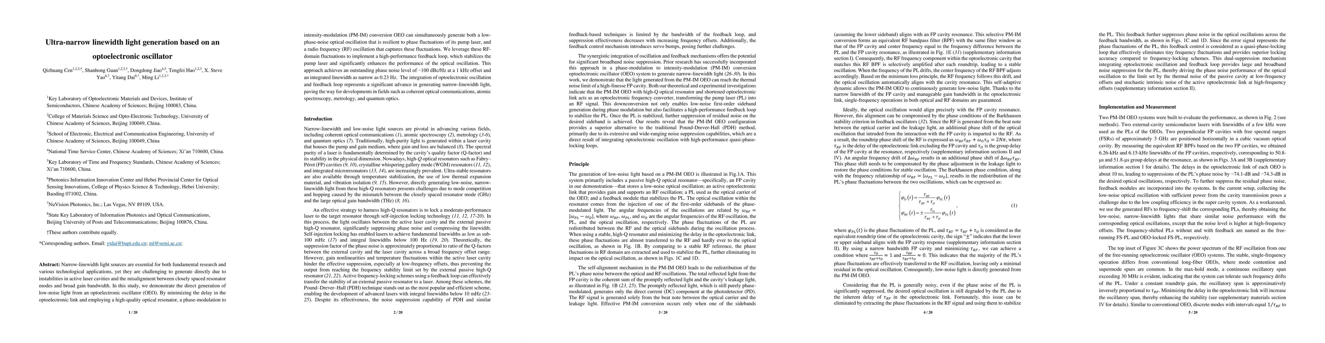 Thumbnail for Ultra-narrow linewidth light generation based on an optoelectronic
  oscillator