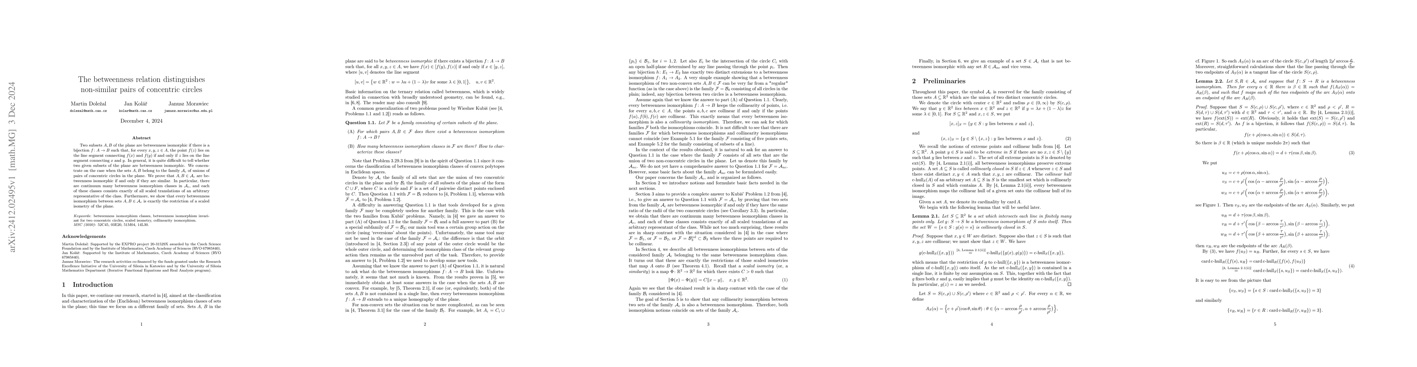 Thumbnail for The betweenness relation distinguishes non-similar pairs of concentric
  circles