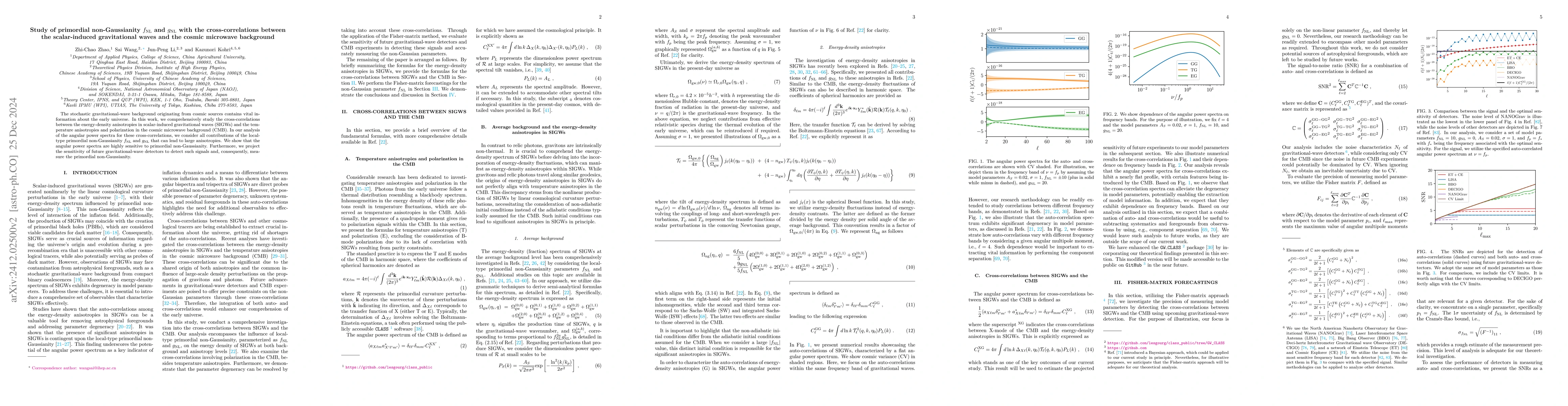 Thumbnail for Study of primordial non-Gaussianity $f_{\mathrm{NG}}$ and
  $g_{\mathrm{NG}}$ with the cross-correlations between the scalar-induced
  gravitational waves and the cosmic microwave background