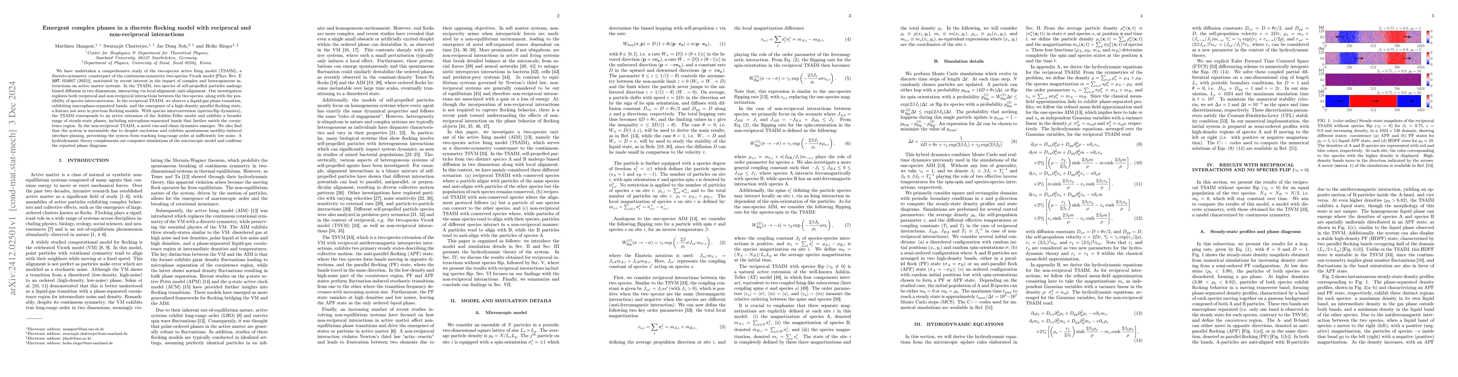 Thumbnail for Emergent complex phases in a discrete flocking model with reciprocal and
  non-reciprocal interactions