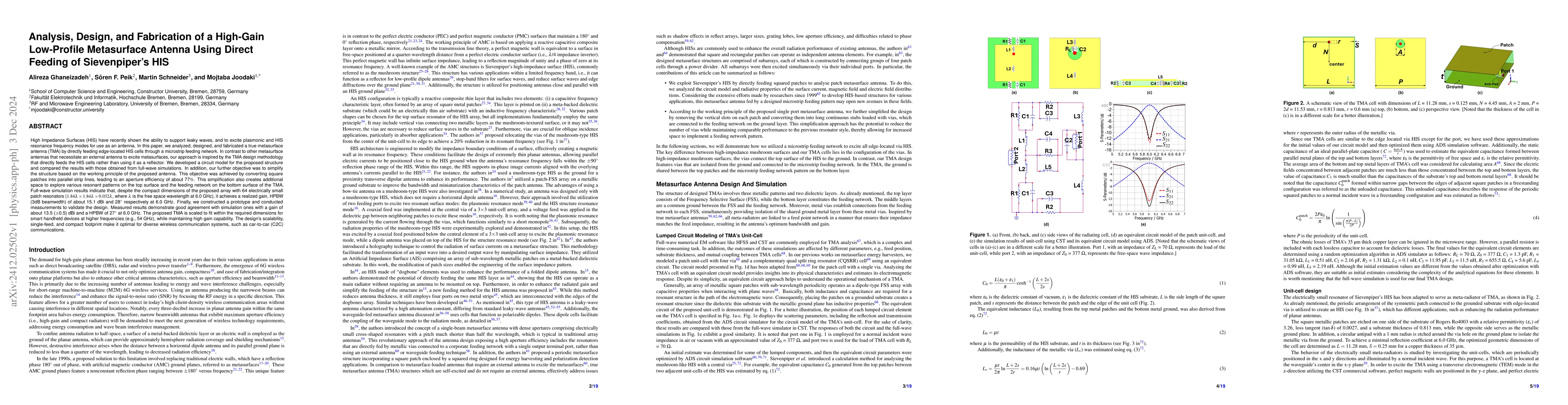 Thumbnail for Analysis, Design, and Fabrication of a High-Gain Low-Profile Metasurface
  Antenna Using Direct Feeding of Sievenpiper s HIS