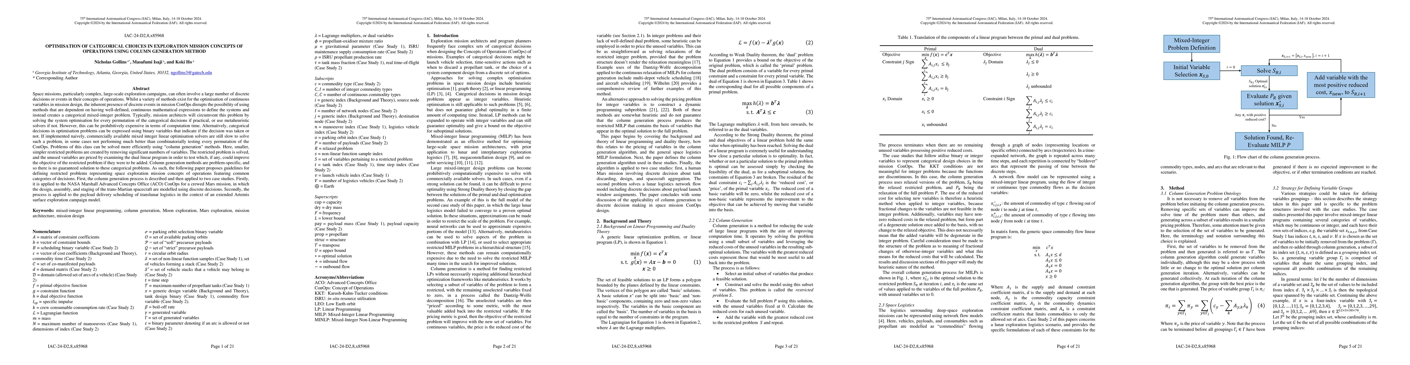 Thumbnail for Optimisation of Categorical Choices in Exploration Mission Concepts of
  Operations Using Column Generation Method