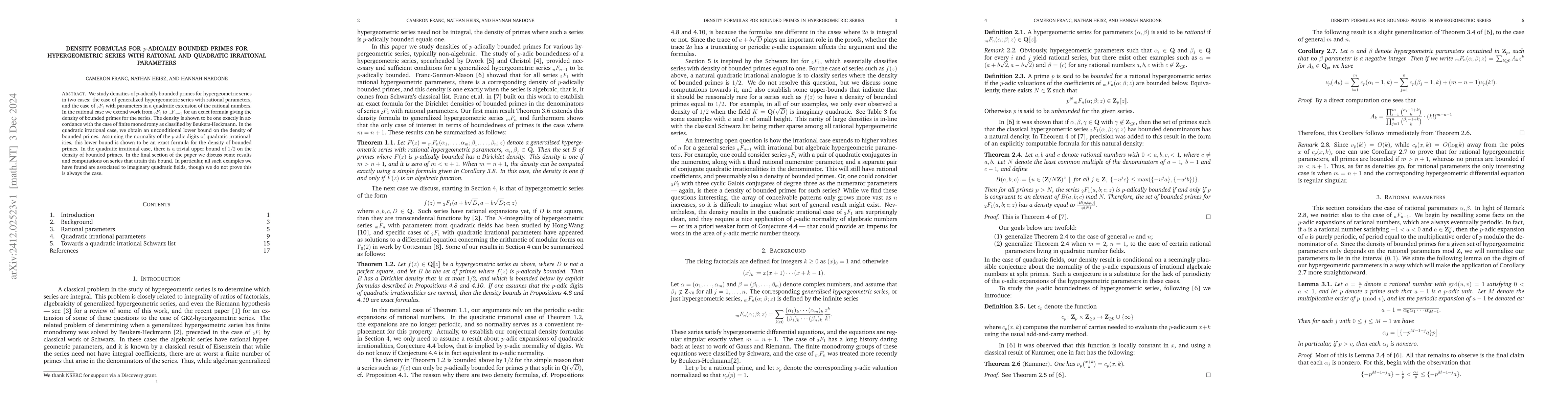Thumbnail for Density formulas for $p$-adically bounded primes for hypergeometric
  series with rational and quadratic irrational parameters
