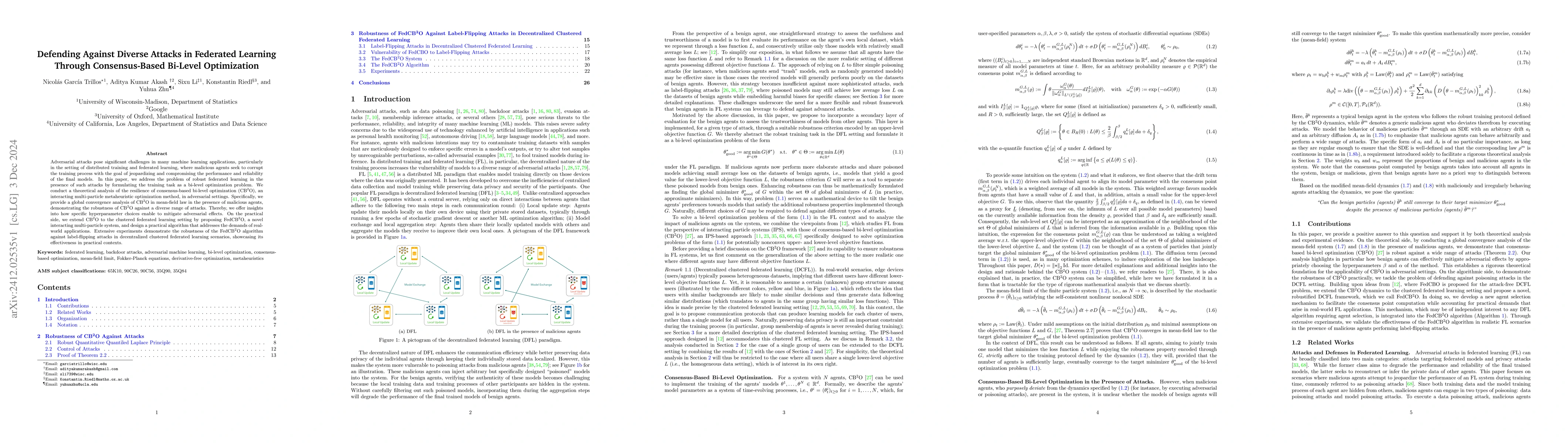 Thumbnail for Defending Against Diverse Attacks in Federated Learning Through
  Consensus-Based Bi-Level Optimization