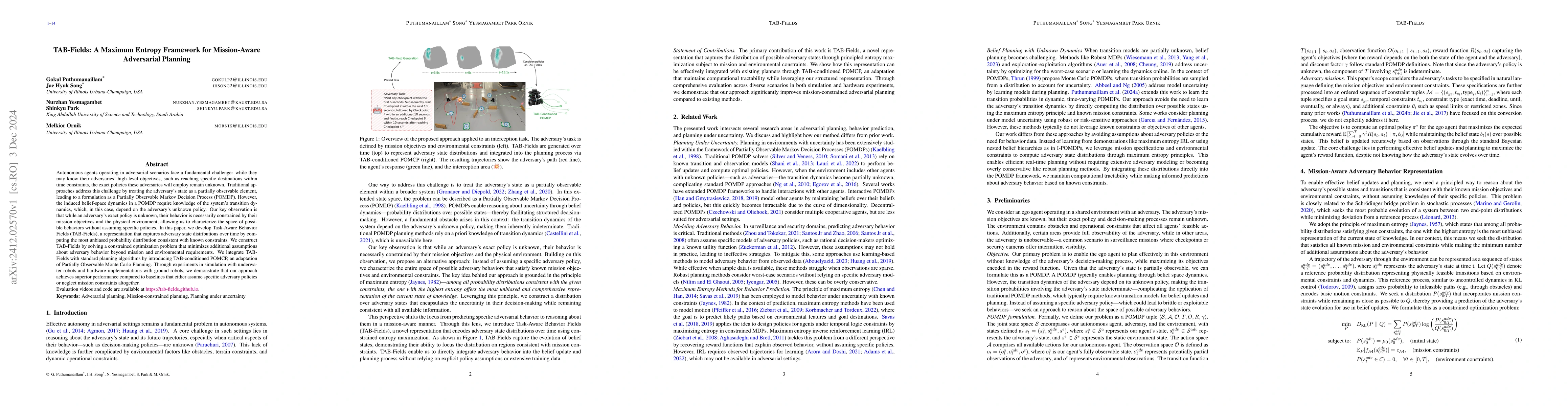 Thumbnail for TAB-Fields: A Maximum Entropy Framework for Mission-Aware Adversarial
  Planning