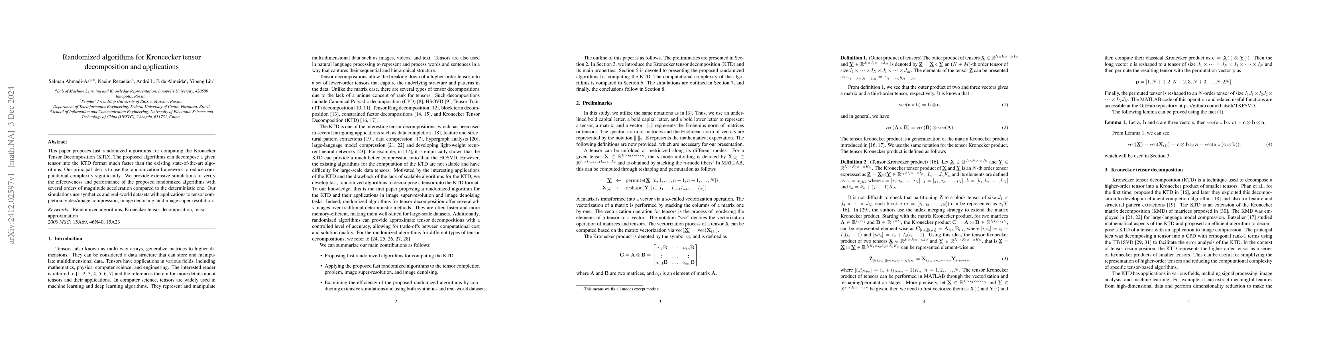 Thumbnail for Randomized algorithms for Kroncecker tensor decomposition and
  applications